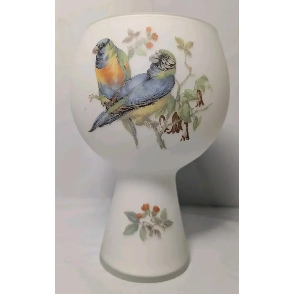 Vintage Norleans Frosted Satin Glass Vase Birds Floral Hand painted 1960